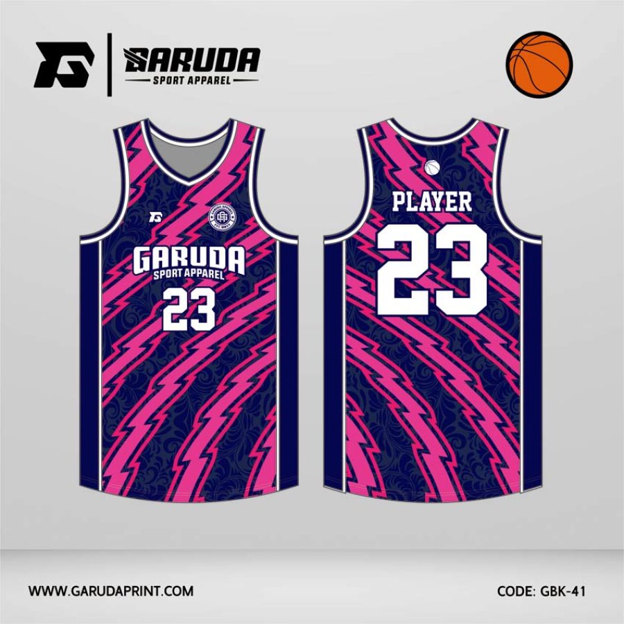 Jersey Basket GBK-41 Biru Navy – Pink dengan Motif Petir Diagonal Berlapis Ornamen
