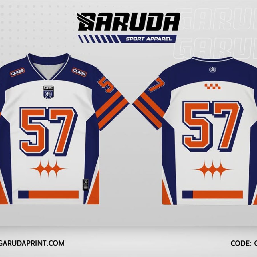 Jersey Kelas GCL-03 Putih – Biru Navy dengan Aksen Oranye dan Motif Stripe Sport Simetris