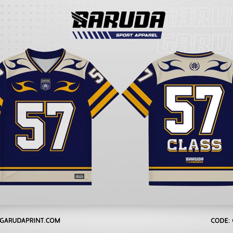 Jersey Kelas GCL-04 Biru Navy – Krem dengan Motif Flame Minimal dan Stripe Sport Klasik