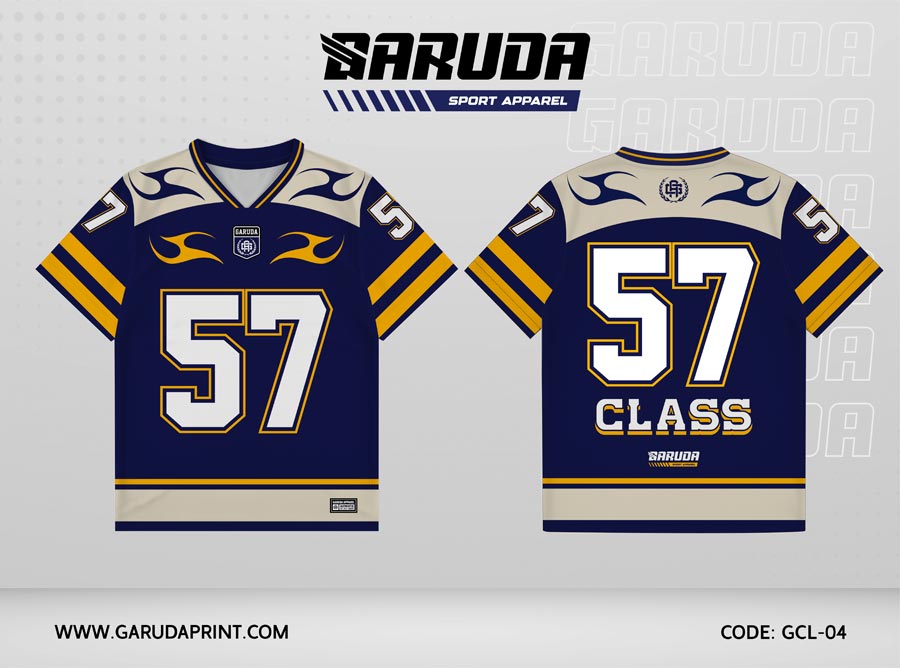 Jersey Kelas GCL-04 Biru Navy – Krem dengan Motif Flame Minimal dan Stripe Sport Klasik