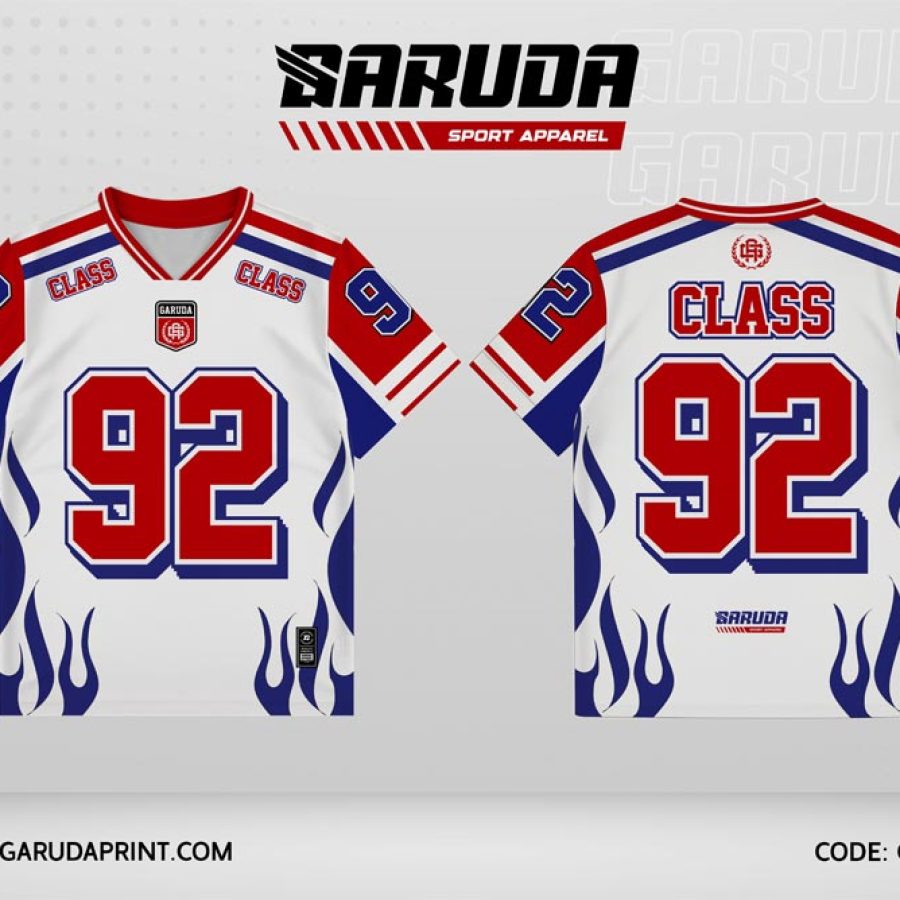 Jersey Kelas GCL-05 Putih – Merah Biru dengan Motif Flame Bawah Dinamis