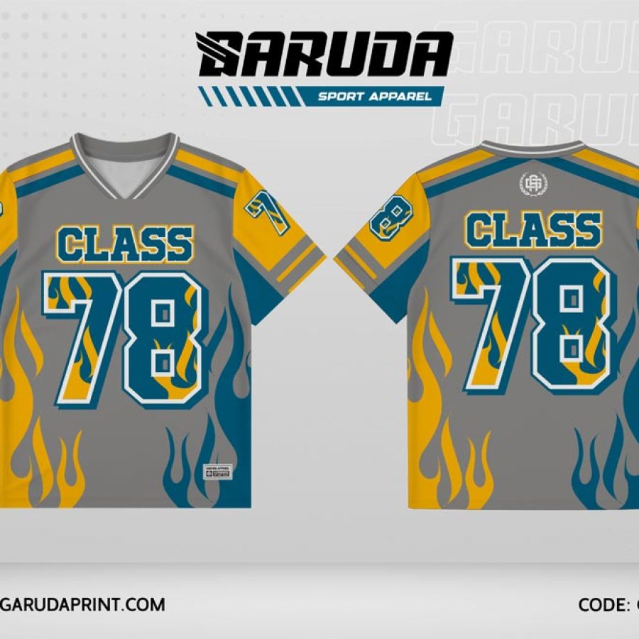 Jersey Kelas GCL-10 Abu-abu – Kuning Mustard Biru Tosca dengan Motif Flame Kontras dan Layer Angka Bertekstur