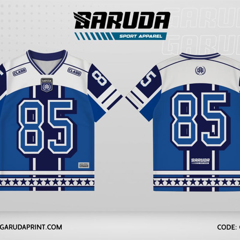Jersey Kelas GCL-12 Biru Royal – Putih dengan Motif Panel Tengah dan Ornamen Bintang Klasik