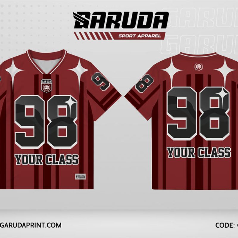 Jersey Kelas GCL-15 Merah Maroon – Hitam dengan Motif Garis Vertikal Bold dan Aksen Kilap Bintang