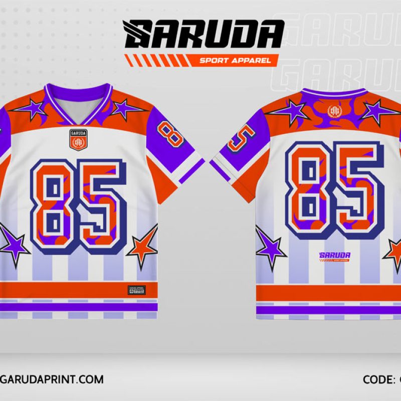 Jersey Kelas GCL-17 Putih – Oranye – Ungu dengan Motif Bintang Dinamis dan Panel Vertikal Soft