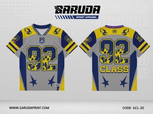 Jersey Kelas GCL-20 Abu – Biru – Kuning dengan Motif Api Dalam Angka dan Panel Samping Kontras