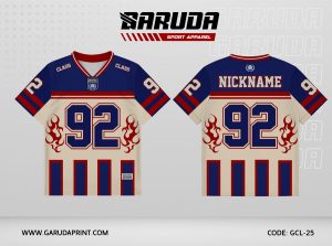 Jersey Kelas GCL-25 Cream – Navy – Merah dengan Motif Flame Accent dan Vertical Stripe Bold