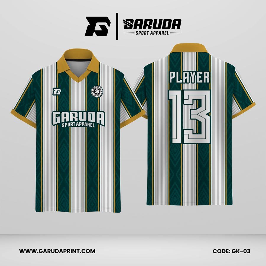 Jersey Berkerah GK-03 Hijau Putih Aksen Emas Motif Garis Vertikal Mewah untuk Tim yang Ingin Tampil Elegan