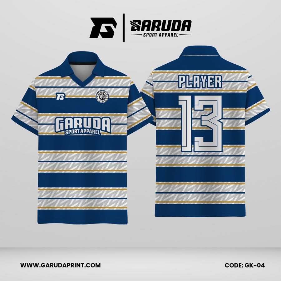 Jersey Berkerah GK-04 Biru Putih Aksen Emas Motif Garis Horizontal Elegan