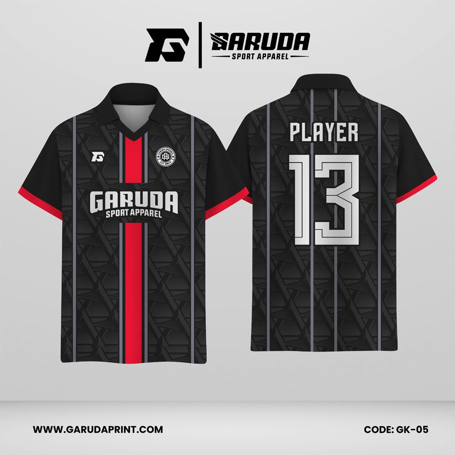 Jersey Berkerah GK-05 Hitam Merah Motif Garis Tengah untuk Tampilan Tim yang Kuat dan Berani