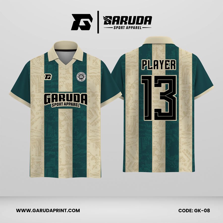 Jersey Berkerah GK-08 Cream Hijau Botol Motif Garis Vertikal Premium