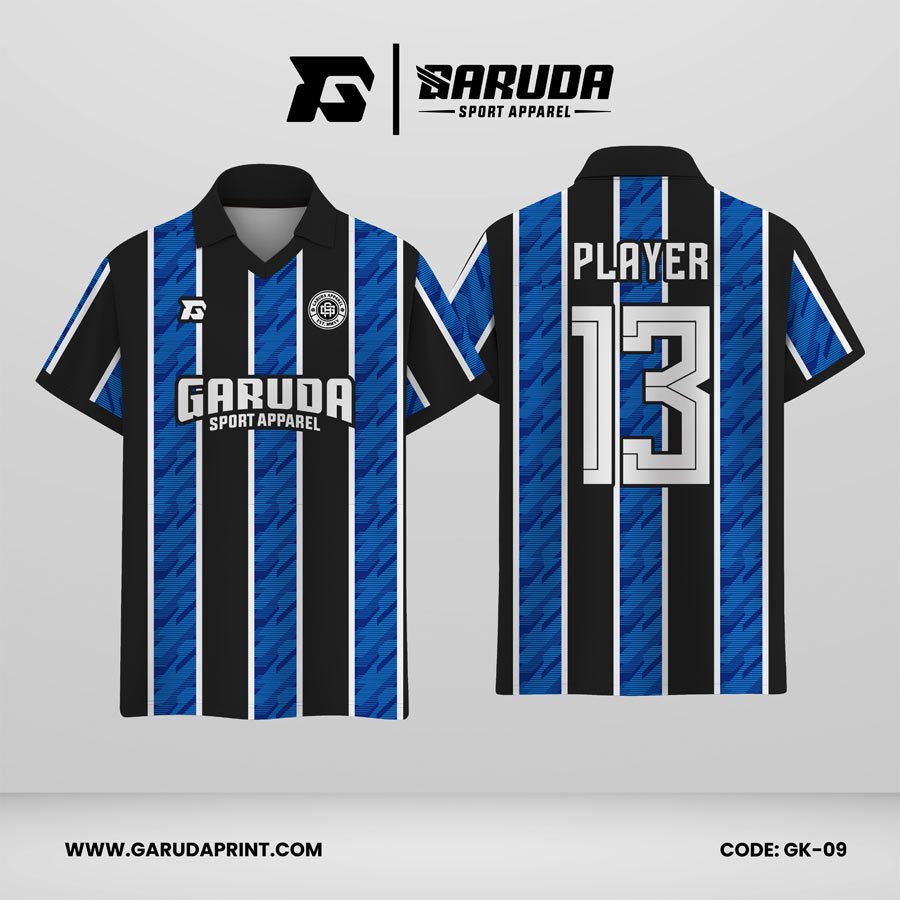 Jersey Berkerah GK-09 Hitam Biru Motif Garis Vertikal Sporty dan Tegas