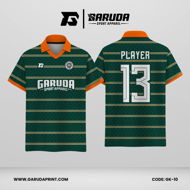Jersey Berkerah GK-10 Hijau Tua Aksen Oranye Motif Garis Horizontal Sporty