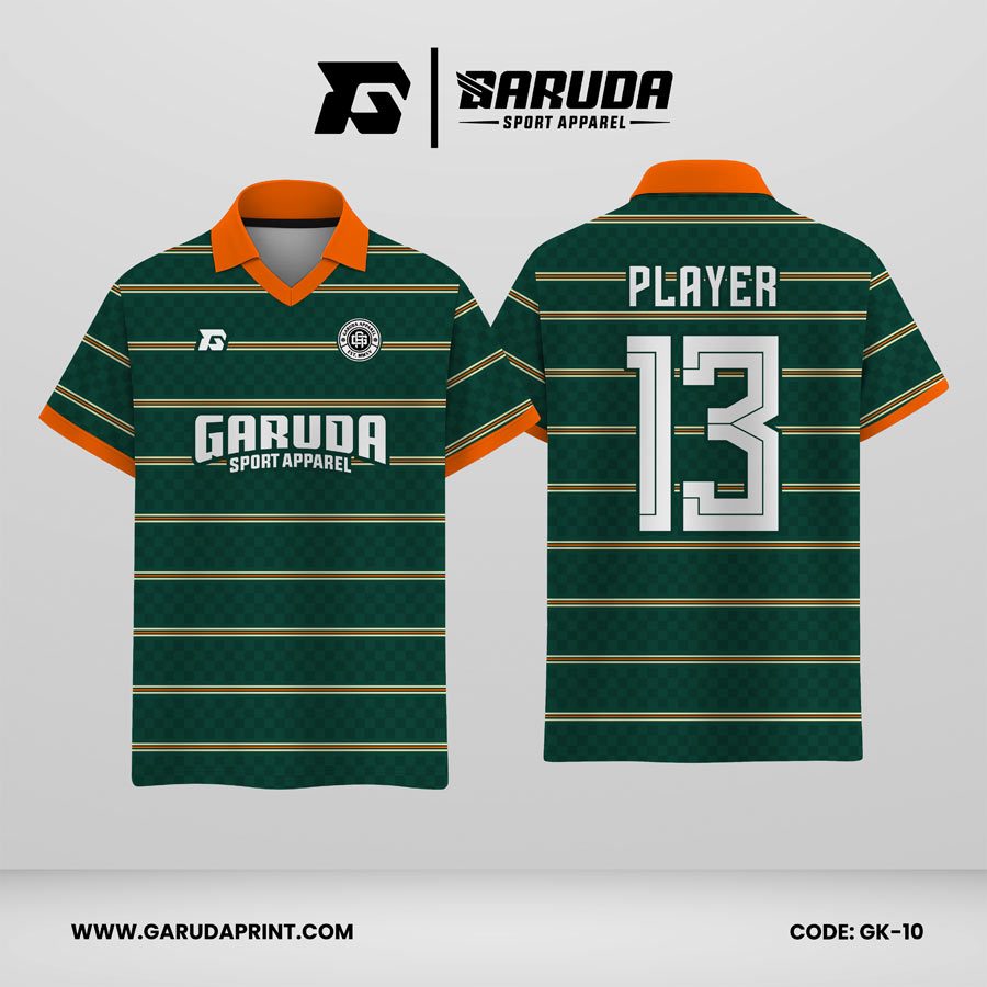 Jersey Berkerah GK-10 Hijau Tua Aksen Oranye Motif Garis Horizontal Sporty