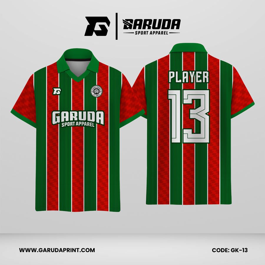 Jersey Berkerah GK-13 Merah Hijau Motif Garis Vertikal Berani dan Penuh Energi