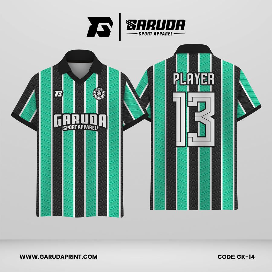 Jersey Berkerah GK-14 Hijau Tosca Hitam Motif Garis Vertikal Sporty dan Modern