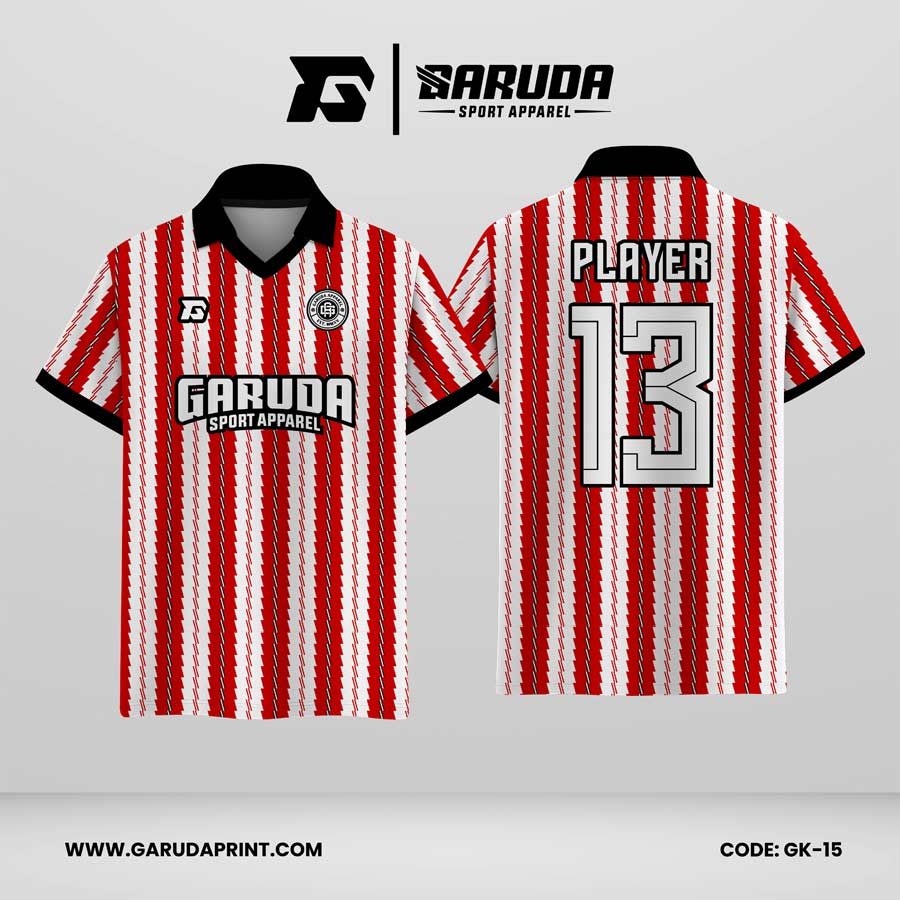 Jersey Berkerah GK-15 Merah Putih Motif Garis Vertikal Tajam dan Berani