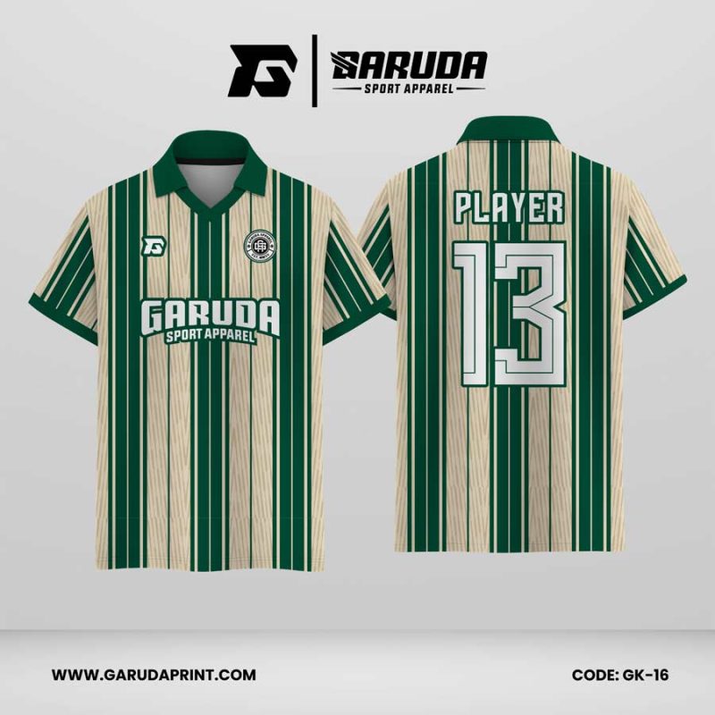 Jersey Berkerah GK-16 Cream Hijau Motif Garis Vertikal Elegan dan Berkarakter