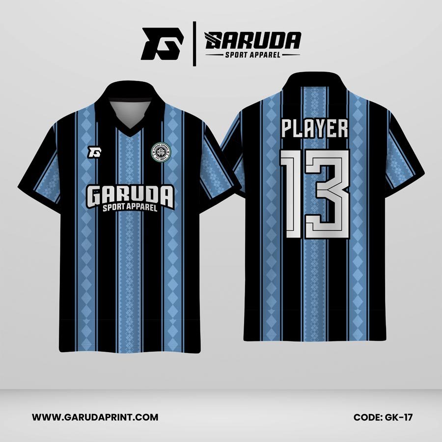 Jersey Berkerah GK-17 Hitam Biru Muda Motif Garis Vertikal Elegan dan Sporty