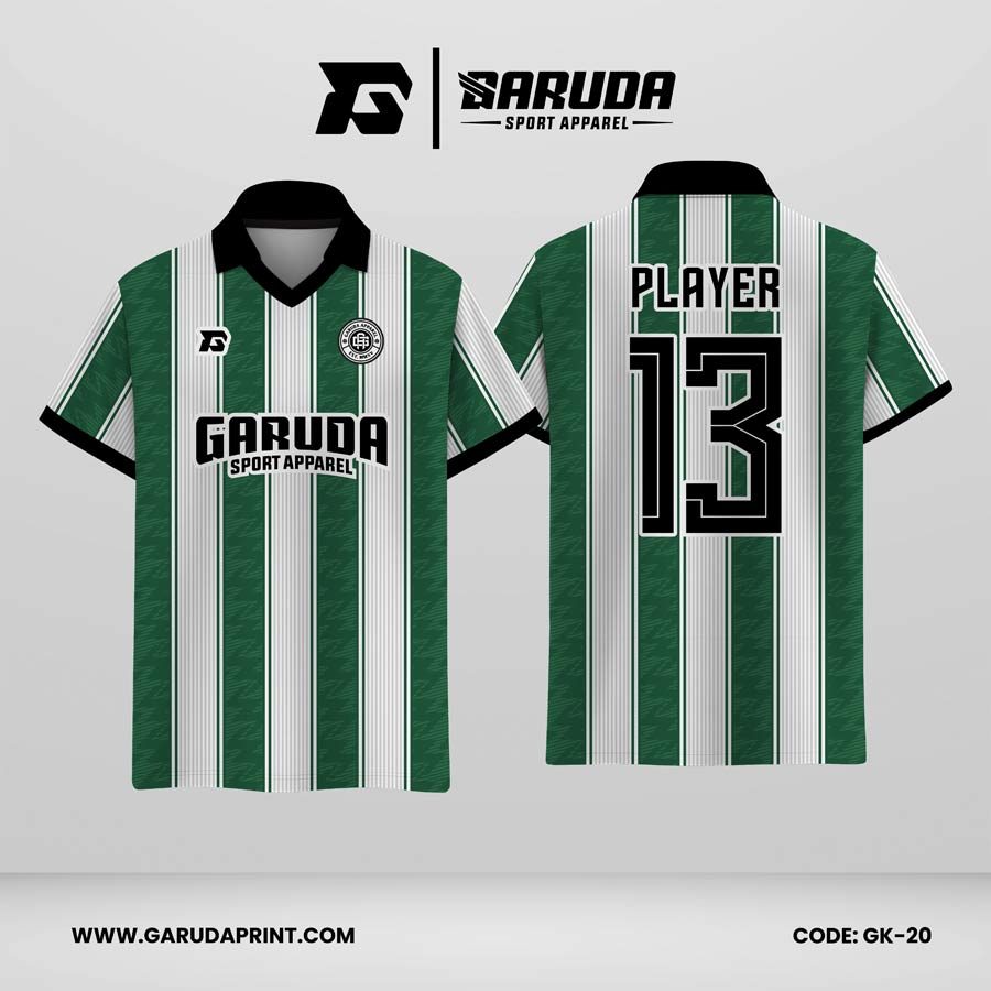 Jersey Berkerah GK-20 Hijau Tua, Putih Motif Garis Vertikal Bersih dan Sporty