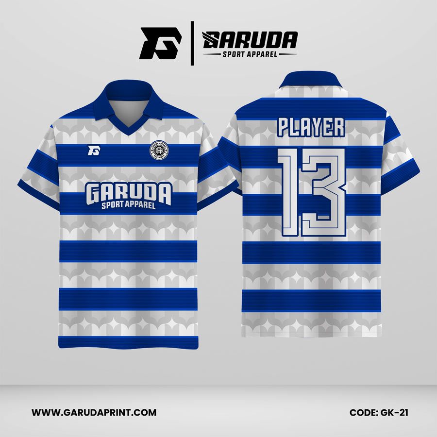 Jersey Berkerah GK-21 Biru Royal Putih Abu-Abu Motif Garis Horizontal dan Pattern Lengkung Geometris