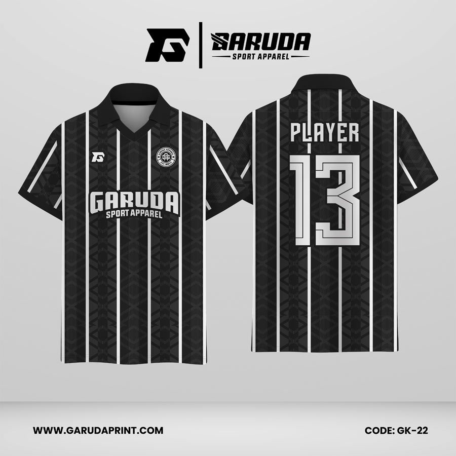 Jersey Berkerah GK-22 Hitam Abu-Abu Gelap Putih Motif Garis Vertikal Geometris