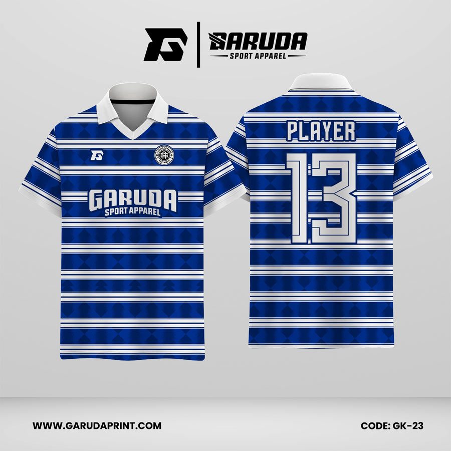 Jersey Berkerah GK-23 Biru Benhur Putih Biru Tua Motif Garis Horizontal dengan Pattern Geometris