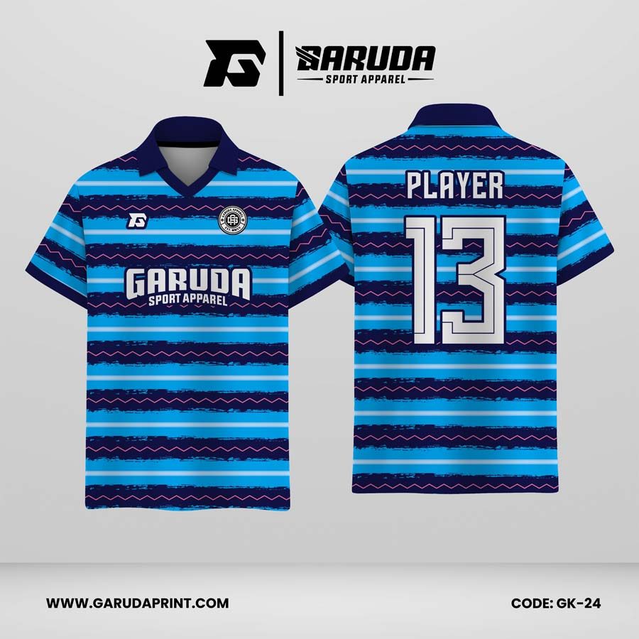 Jersey Berkerah GK-24 Biru Cyan Dongker Motif Garis Horizontal Zigzag