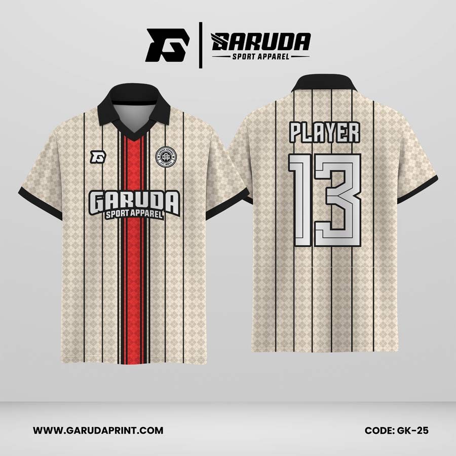 Jersey Berkerah GK-25 Cream Hitam Merah Motif Garis Vertikal dan Pattern Kotak Halus