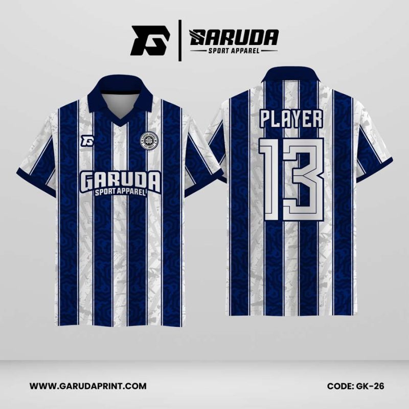 Jersey Berkerah GK-26 Biru Dongker Putih Abu-Abu Muda Motif Garis Vertikal Geometris