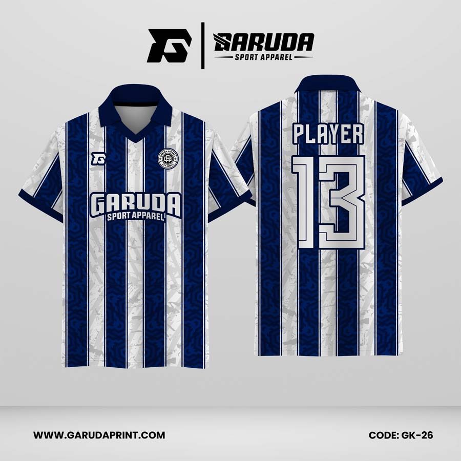 Jersey Berkerah GK-26 Biru Dongker Putih Abu-Abu Muda Motif Garis Vertikal Geometris