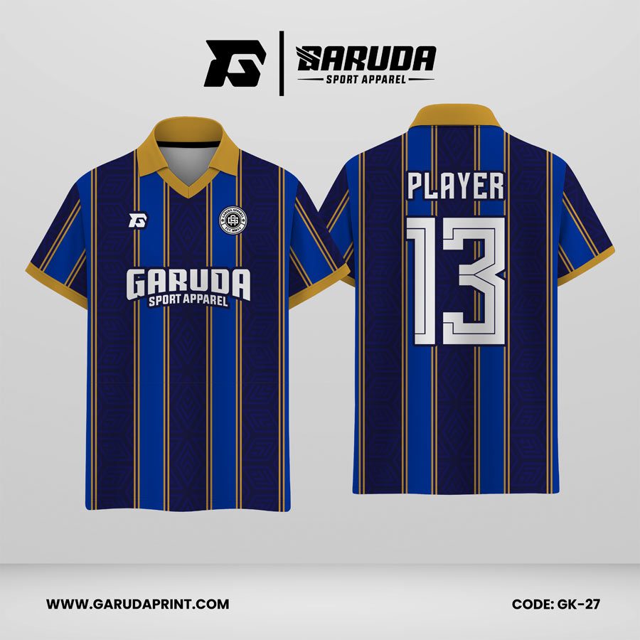 Jersey Berkerah GK-27 Biru Tua, Biru Muda, Emas Motif Garis Vertikal Geometris