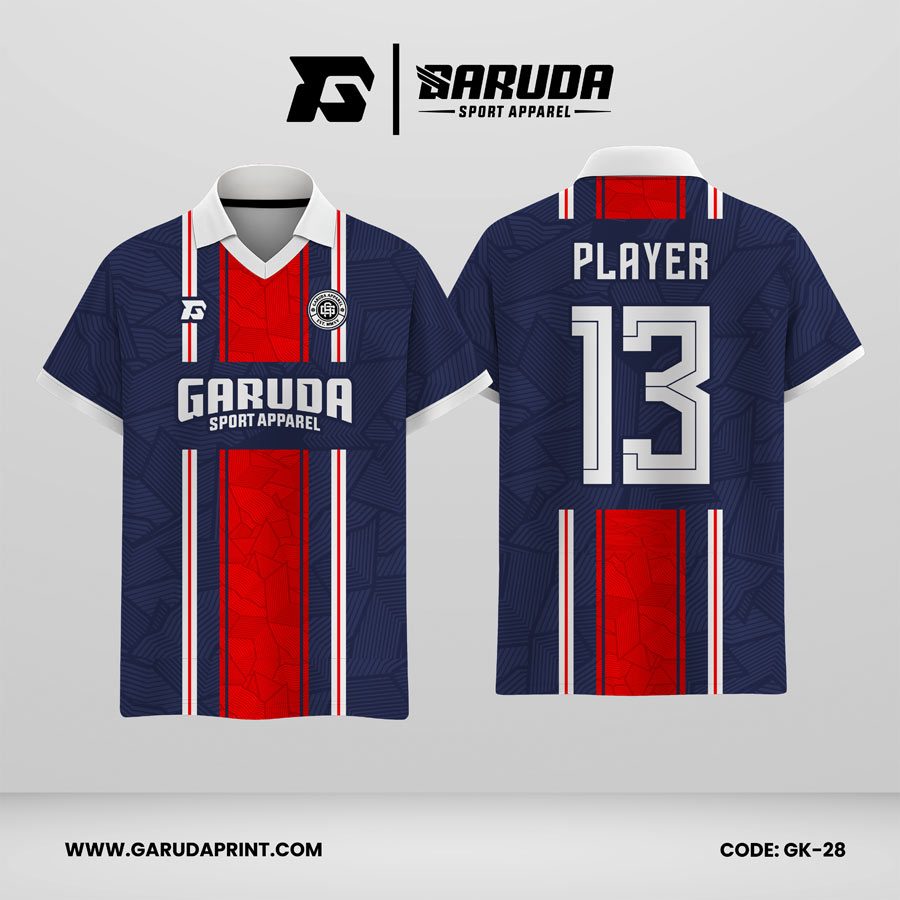 Jersey Berkerah GK-28 Navy Merah Putih Motif Panel Vertikal Tengah yang Sporty dan Tegas
