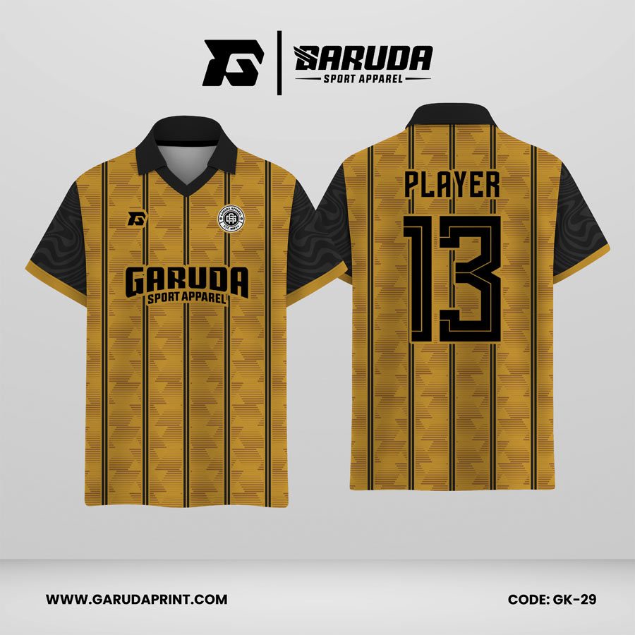 Jersey Berkerah GK-29 Emas Hitam Abu-Abu Gelap Motif Garis Vertikal Tekstur Geometris