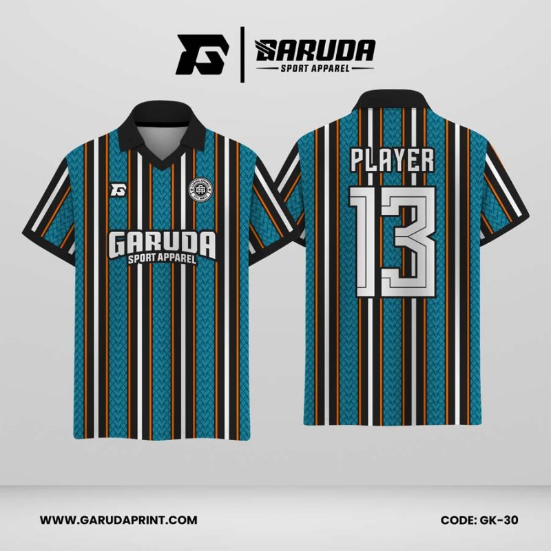 Jersey Berkerah GK-30 Toska Hitam Putih Oranye Motif Garis Vertikal Modern