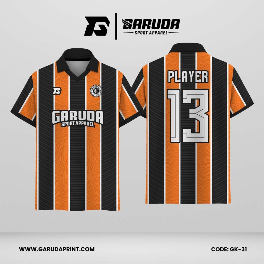 Jersey Berkerah GK-31 Oranye Hitam Putih Motif Garis Vertikal Tekstur Gelombang