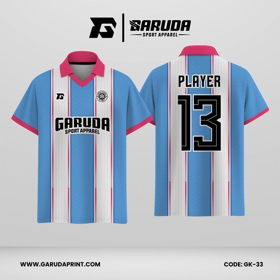 Jersey Berkerah GK-33 Biru Muda Putih Pink Motif Garis Vertikal Clean dan Fresh