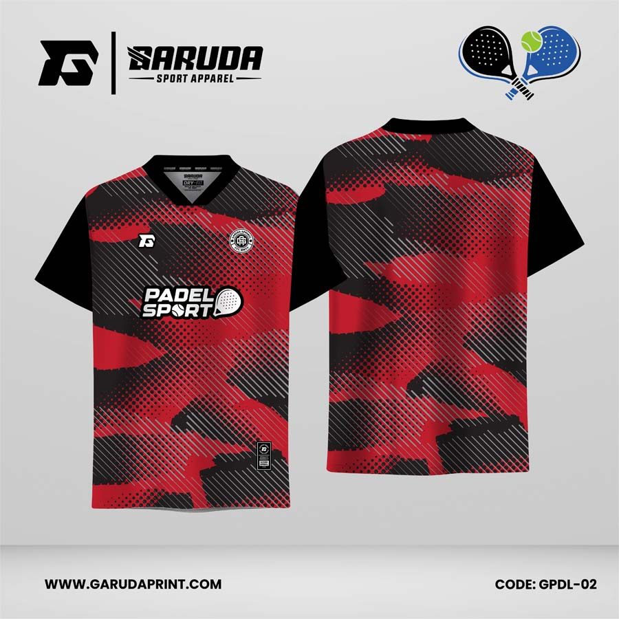 Jersey Padel GPDL-02 Merah Hitam dengan Motif Abstract Camo Stroke dan Diagonal Speed Lines