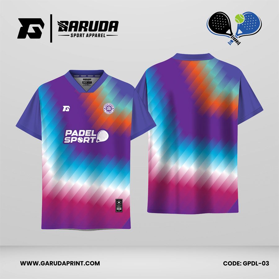 Jersey Padel GPDL-03 Ungu Electric–Cyan–Magenta dengan Motif Diagonal Spectrum Fade dan Layered Light Streak