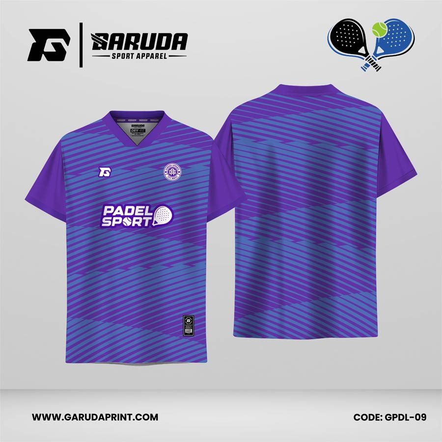 Jersey Padel GPDL-09 Ungu Royal–Biru Electric dengan Motif Diagonal Pulse Stripe dan Angular Wave Break