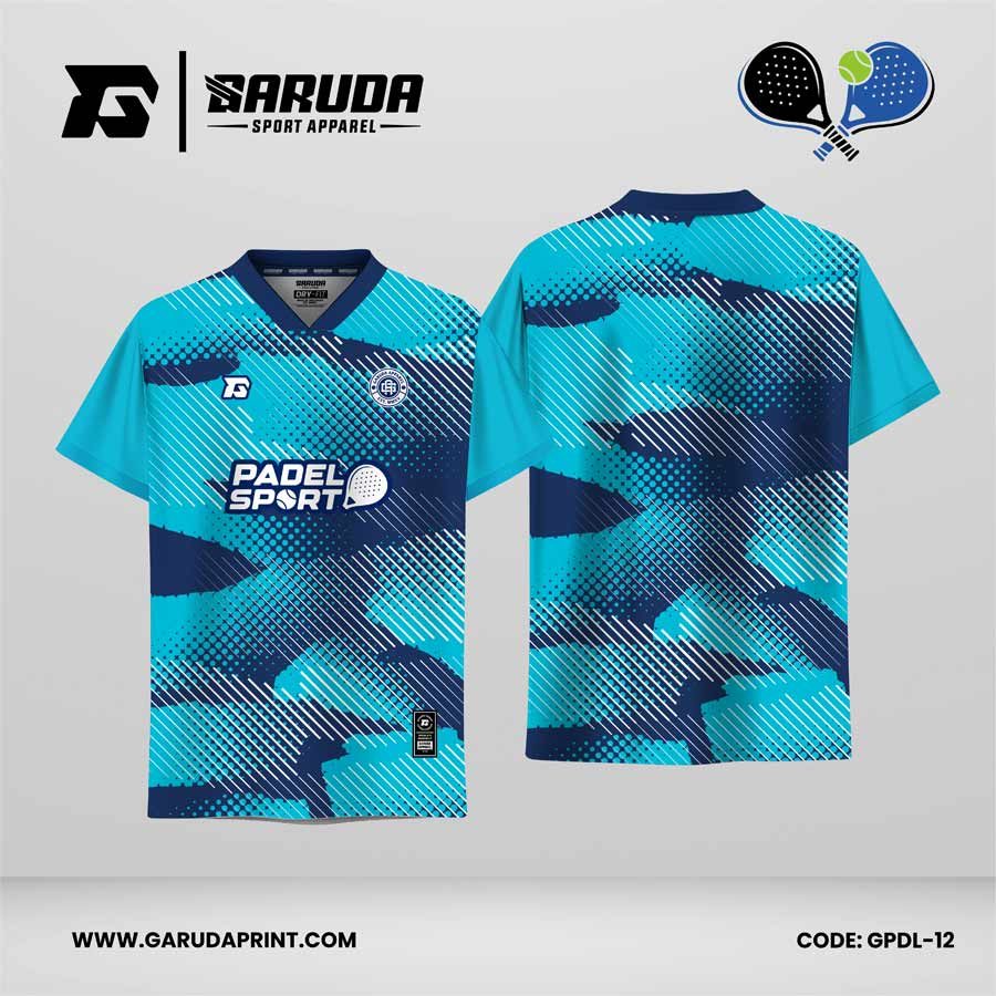 Jersey Padel GPDL-12 Biru Navy–Cyan Turquoise dengan Motif Camo Layer Stripe dan Halftone Impact Blend