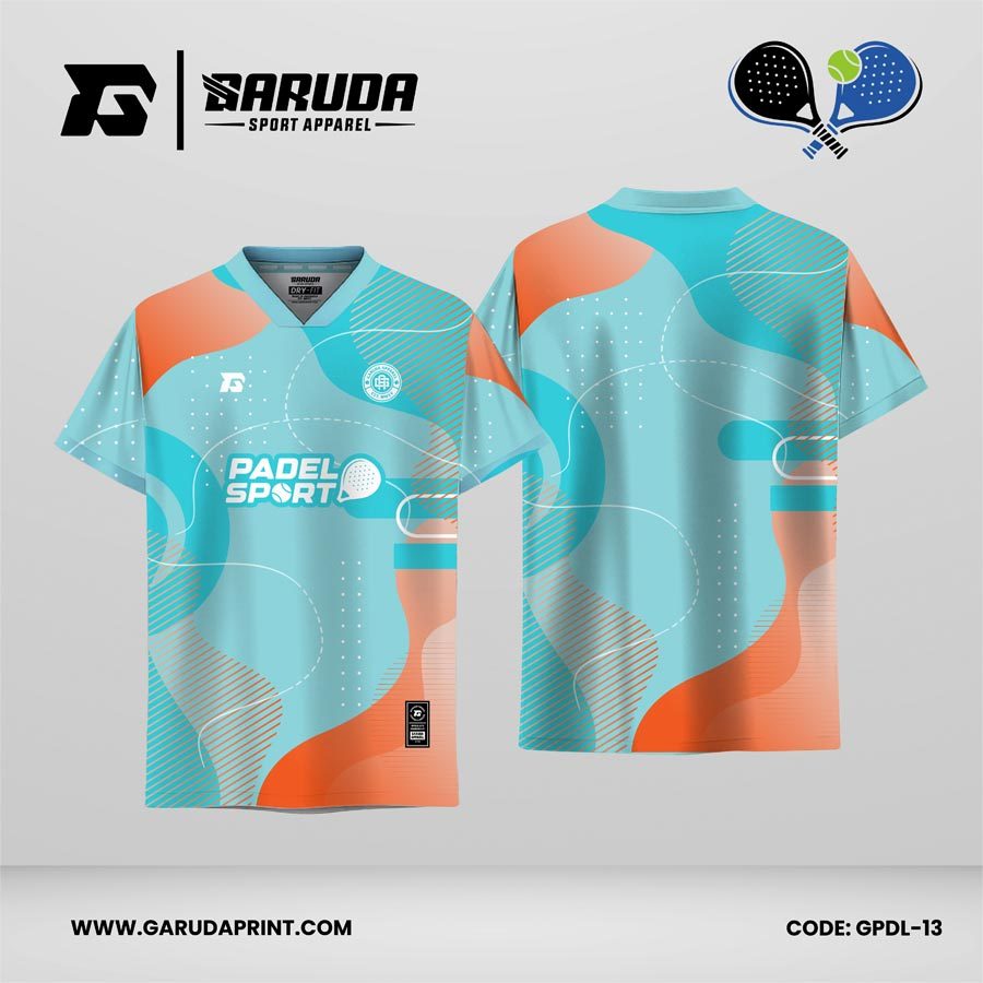 Jersey Padel GPDL-13 Turquoise Pastel–Coral Orange dengan Motif Fluid Curve Layer dan Dotted Orbit Line