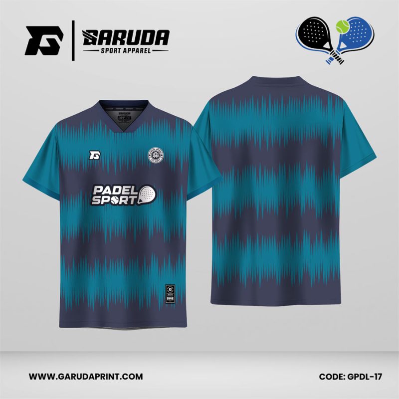 Jersey Padel GPDL-17 Navy Gelap–Teal Cyan dengan Motif Audio Wave Stripe dan Sharp Frequency Pattern