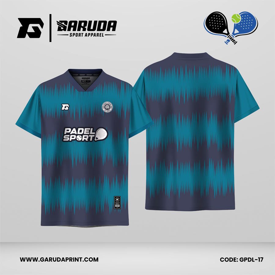 Jersey Padel GPDL-17 Navy Gelap–Teal Cyan dengan Motif Audio Wave Stripe dan Sharp Frequency Pattern
