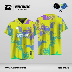 Jersey Padel GPDL-18 Kuning Neon–Biru Aqua–Ungu Lavender dengan Motif Abstract Block Overlay dan Crosshatch Grunge Patch