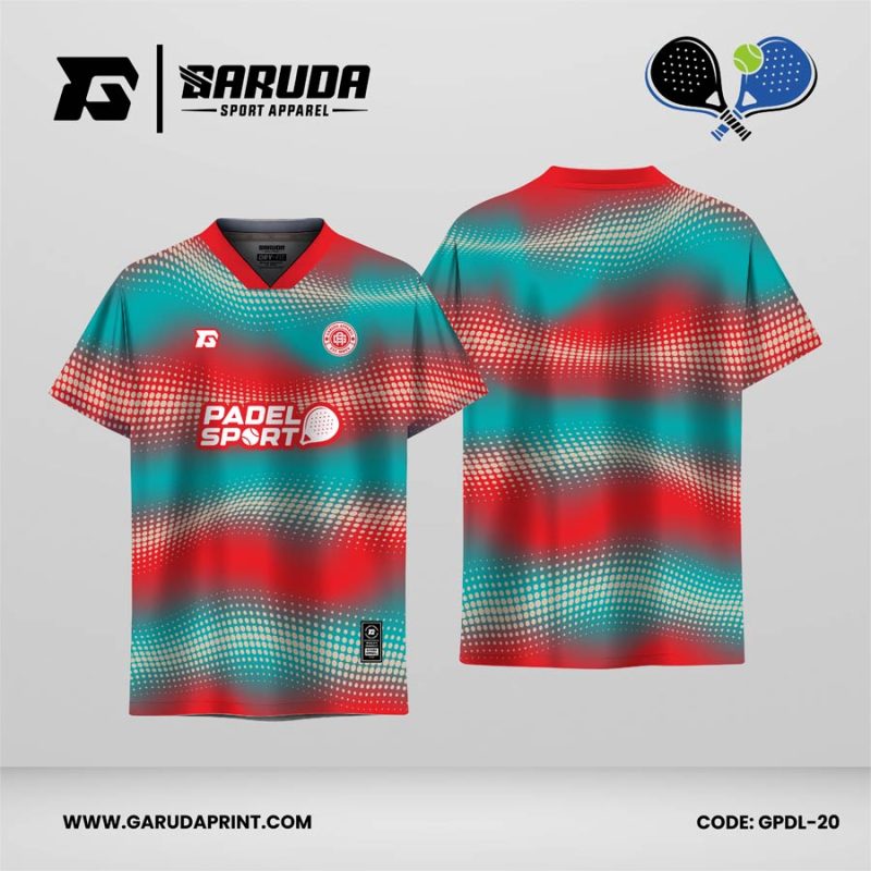 Jersey Padel GPDL-20 Merah Coral–Teal Toska dengan Motif Wave Halftone Blur dan Dynamic Dot Flow