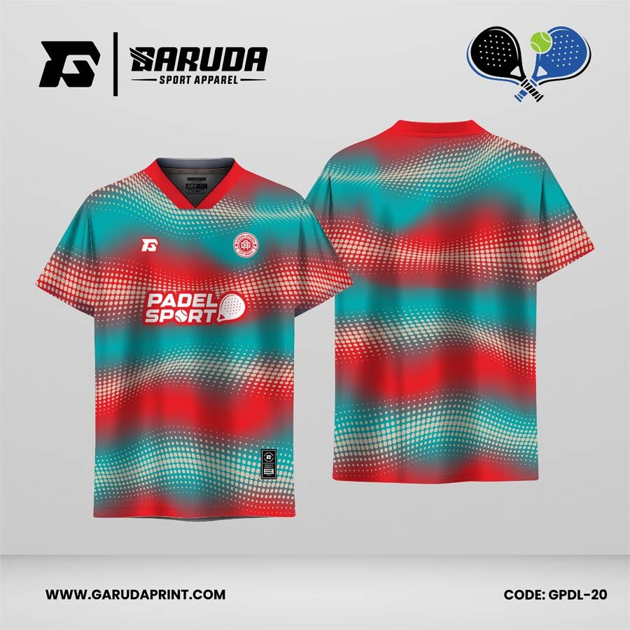 Jersey Padel GPDL-20 Merah Coral–Teal Toska dengan Motif Wave Halftone Blur dan Dynamic Dot Flow