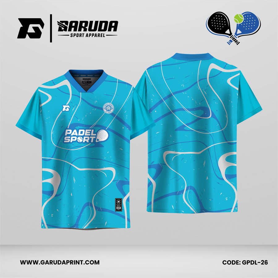 Jersey Padel GPDL-26 Biru Aqua–Biru Royal–Putih dengan Motif Fluid Contour Line dan Abstract Wave Flow