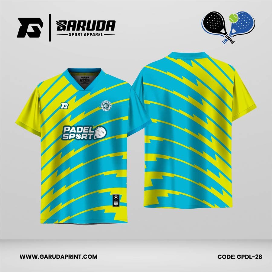 Jersey Padel GPDL-28 Cyan Bright–Kuning Neon dengan Motif Curved Lightning Stripe dan Dynamic Arc Flow