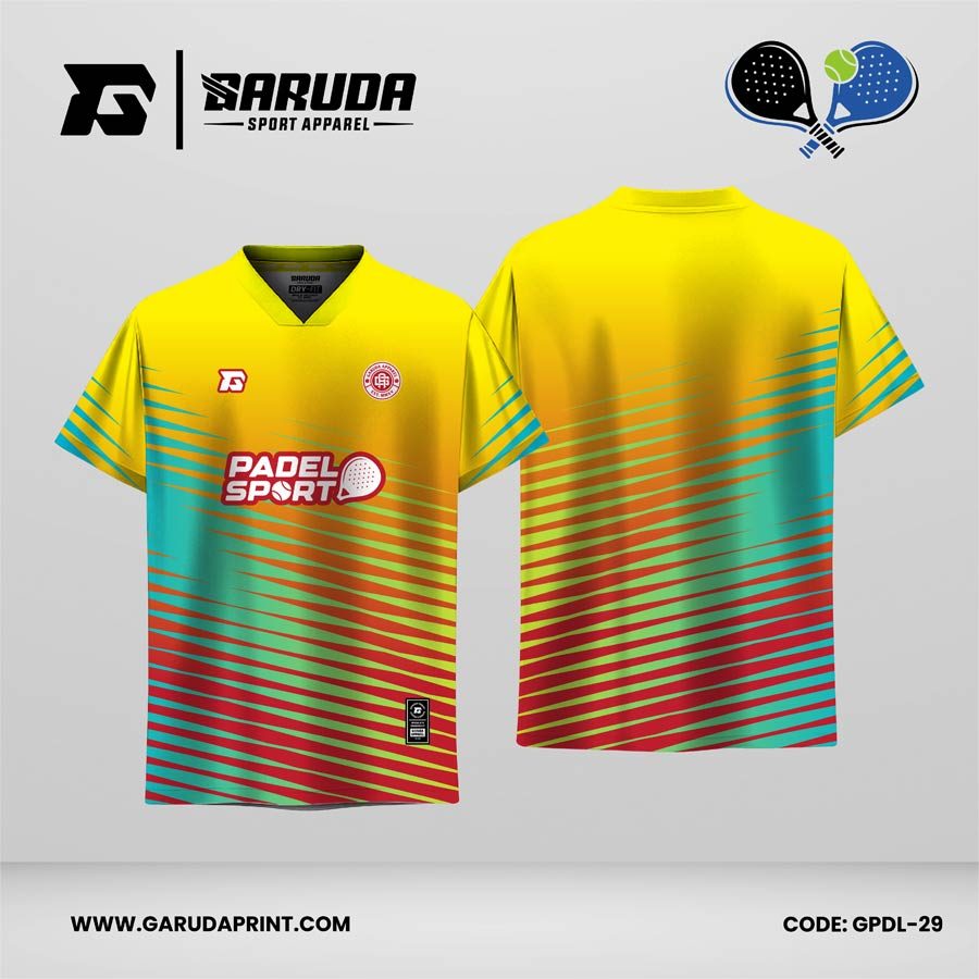 Jersey Padel GPDL-29 Kuning Cerah–Turquoise Aqua–Merah Coral dengan Motif Diagonal Speed Fade dan Layered Motion Stripe